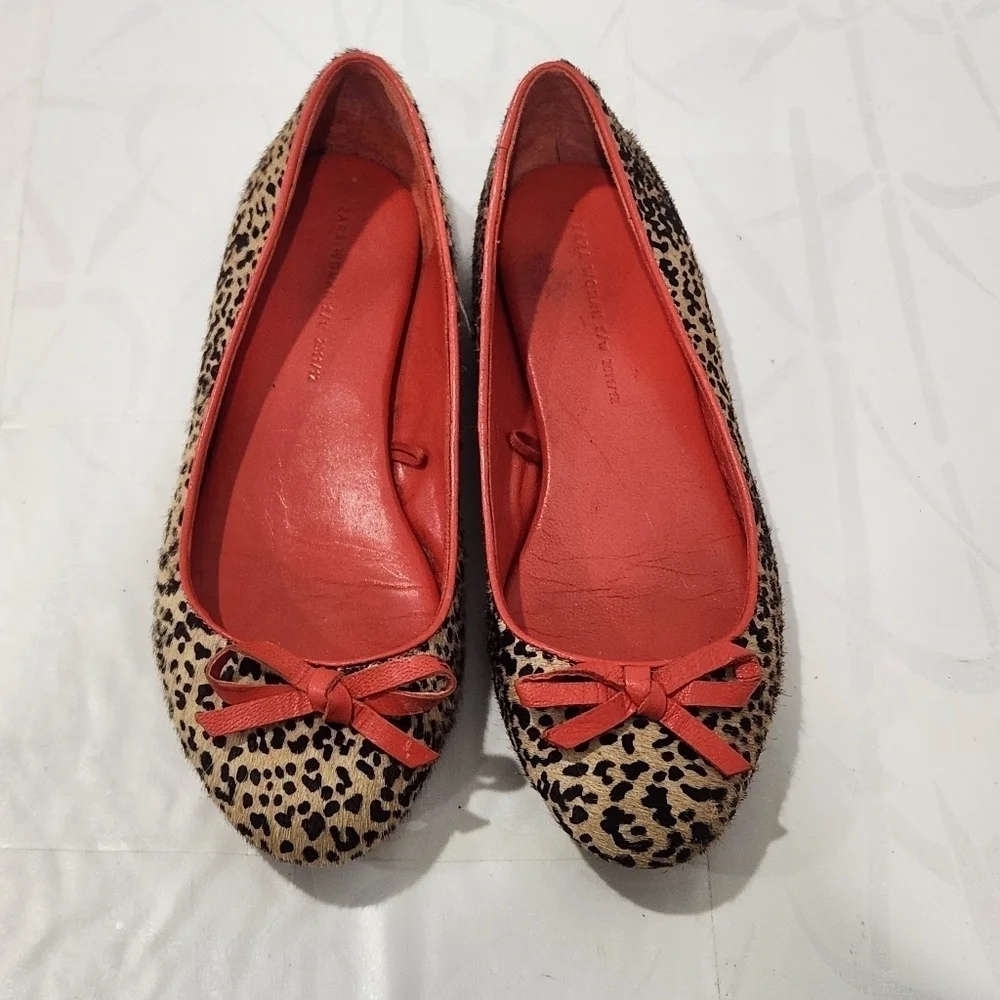 Zara Woman Animal Print Leather Ballet Flats Shoes Coral Red Bow US6.5/EU37